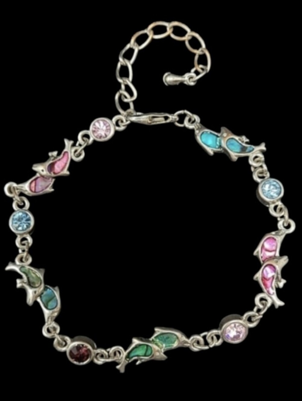 MULTI COLORED IRIDESCENT ENAMEL DOLPHIN LINK SILVER TONE BRACELET